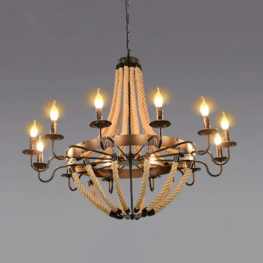 Industrial Rope Style Chandelier Pendant Lamp - Elegant Black Finish Candle Shape Adjustable 39’