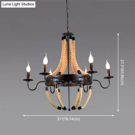 Industrial Rope Style Chandelier Pendant Lamp - Elegant Black Finish Candle Shape Adjustable 39’