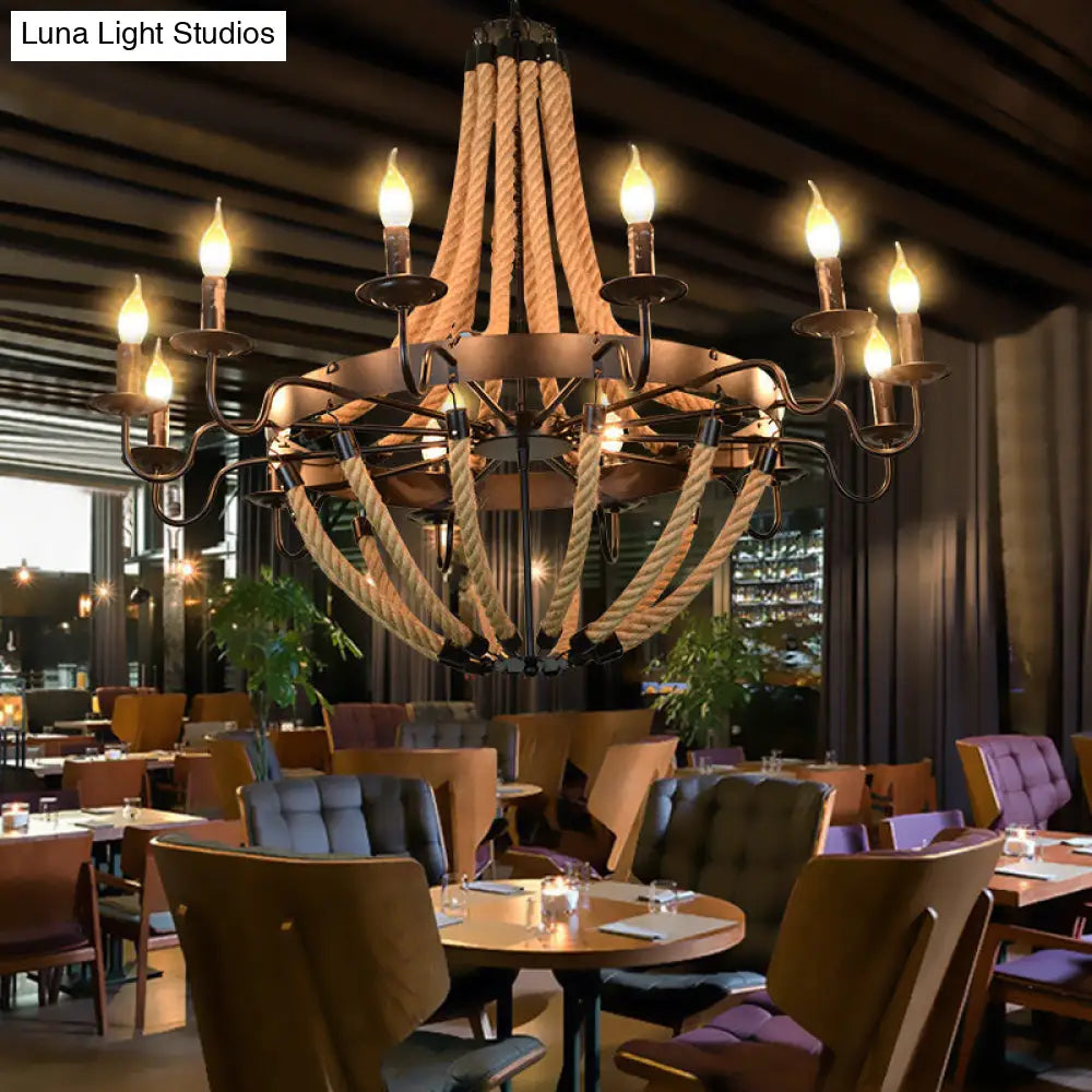 Industrial Rope Style Hanging Pendant Lamp With Adjustable Chain - Black Finish Candle Chandelier