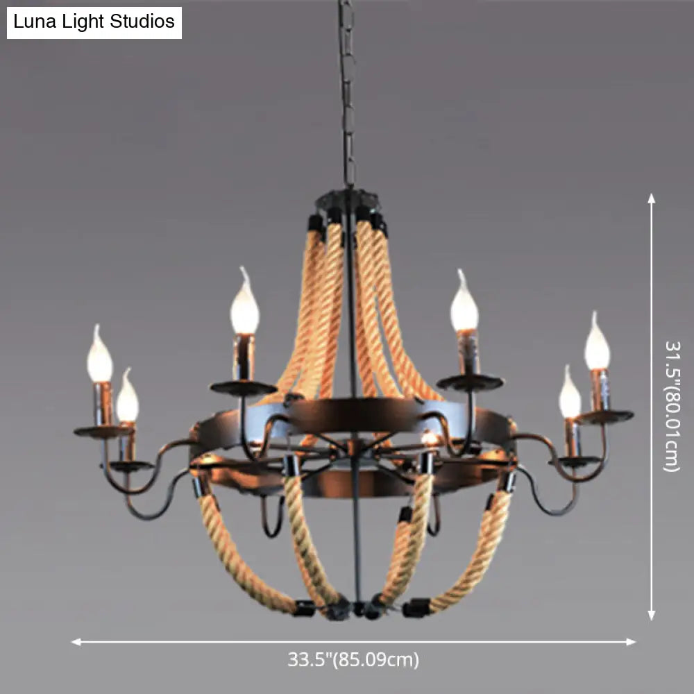Industrial Rope Style Hanging Pendant Lamp With Adjustable Chain - Black Finish Candle Chandelier