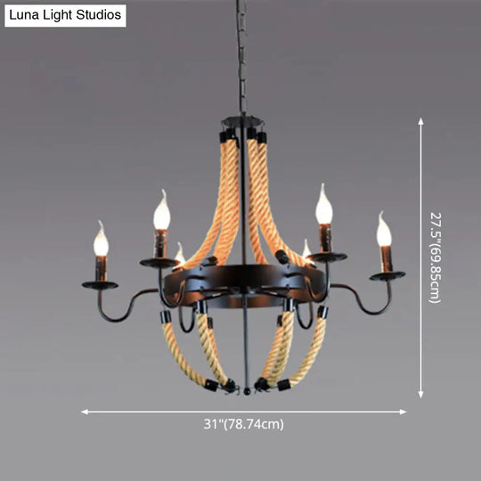 Industrial Rope Style Hanging Pendant Lamp With Adjustable Chain - Black Finish Candle Chandelier