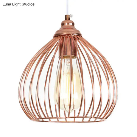 Industrial Rose Gold Gourd Pendant Light With Wire Guard - Single Hanging Ceiling