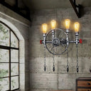Industrial Rustic Bronze/Silver Metal Sconce Lighting - 4-Light Wheel Wall With Exposed Bulb Ideal