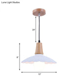 Industrial Scalloped Metal Hanging Pendant Light With Wooden Cap - White/Black