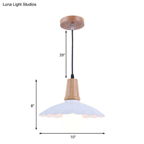 Industrial Scalloped Metal Hanging Pendant Light With Wooden Cap - White/Black
