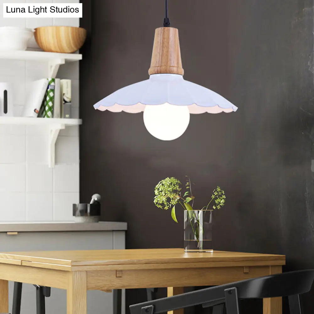 Industrial Scalloped Metal Hanging Pendant Light With Wooden Cap - Bedroom Suspension In White/Black
