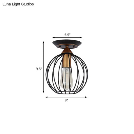 Industrial Semi Flush Ceiling Light With Caged Globe Shade - Black Metal Finish