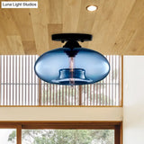 Industrial Semi Flush Ceiling Light With Oval Red/Brown/Blue Glass Shade - Black Finish Ideal For