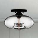 Industrial Semi Flush Ceiling Light With Oval Red/Brown/Blue Glass Shade - Black Finish Ideal For