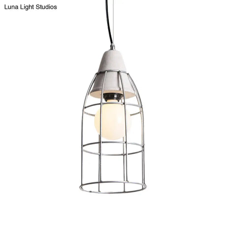 Industrial Silver Cage Pendant Light Fixture For Coffee House 1 Head Iron Cement Ceiling Lamp