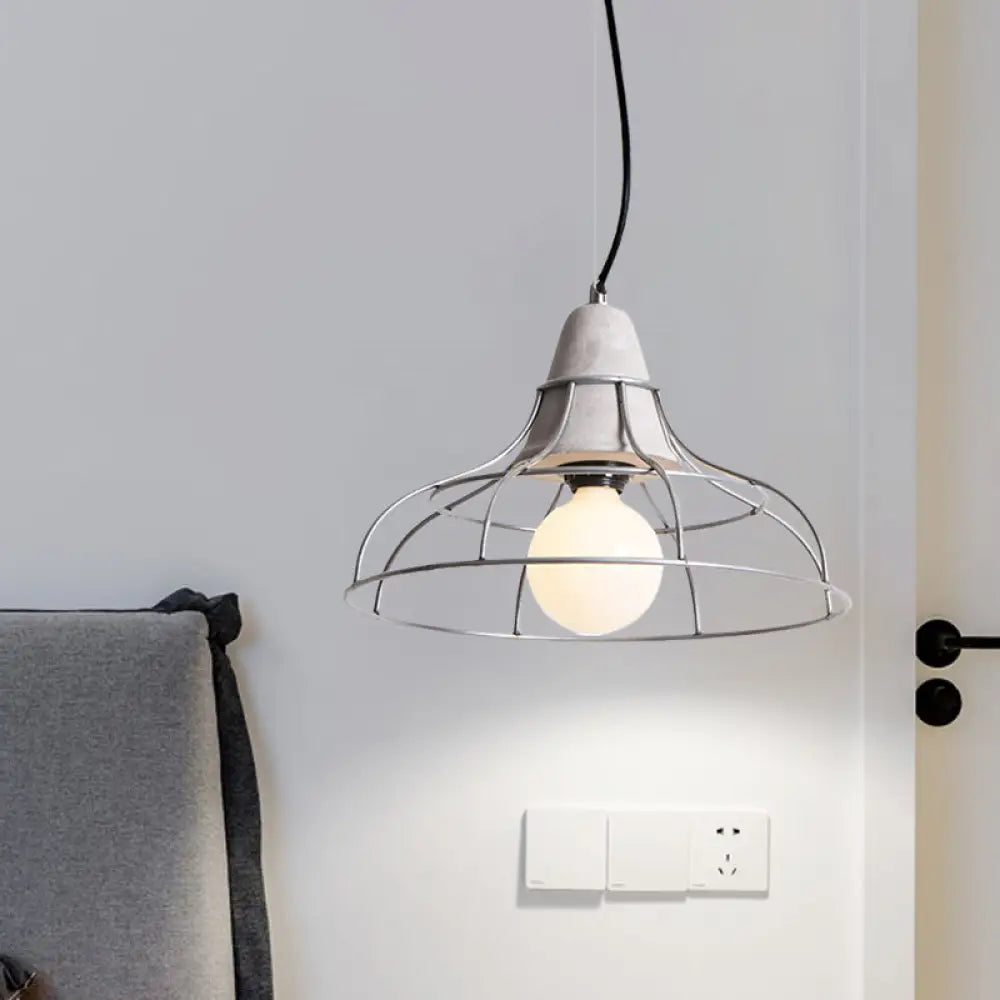 Industrial Silver Cage Pendant Light Fixture For Coffee House 1 Head Iron Cement Ceiling Lamp / Dome