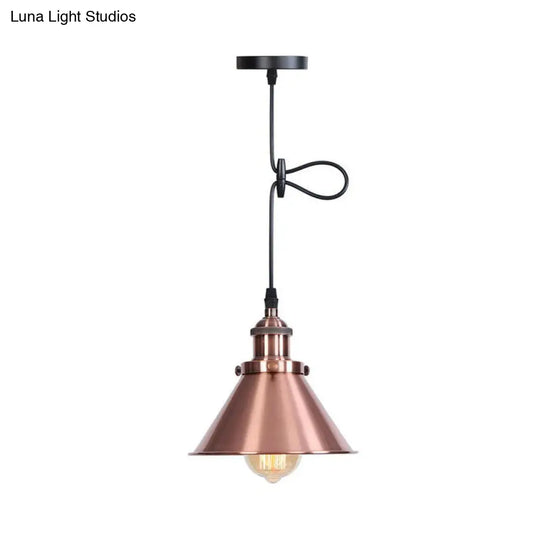 Industrial Single-Bulb Cone Pendant Light In Black/Copper/Rust With Rolled Trim And Cord Grip Copper
