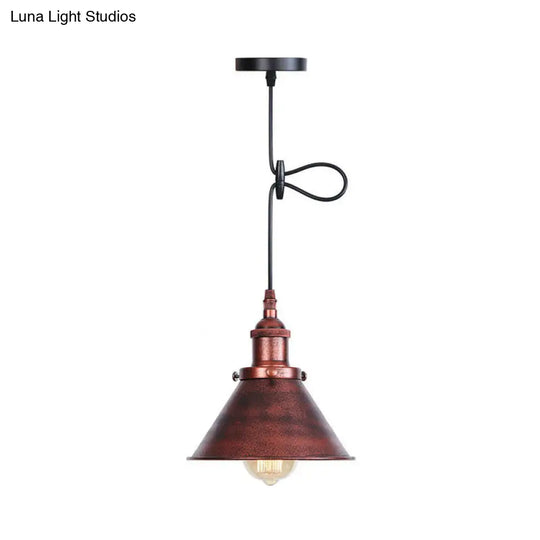 Industrial Single-Bulb Cone Pendant Light In Black/Copper/Rust With Rolled Trim And Cord Grip Rust