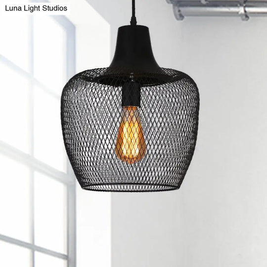 Industrial Single-Light Black Mesh Bowl Pendant Lamp For Dining Room