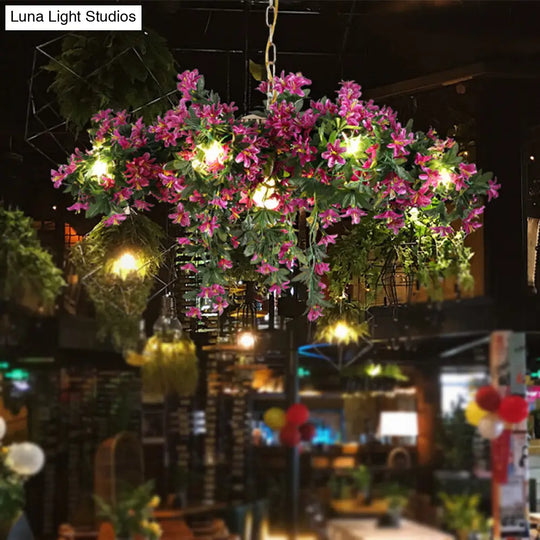 Industrial Starburst Chandelier With 12 Metal Lights And Flower Decor In Black