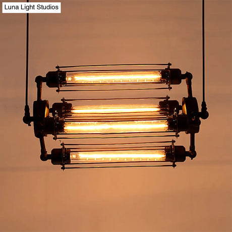 Industrial Style 4-Light Chandelier with Tube Cage Shade - Vertical/Horizontal Indoor Hanging Lamp in Black