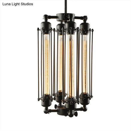 Industrial Style 4-Light Chandelier with Tube Cage Shade - Vertical/Horizontal Indoor Hanging Lamp in Black