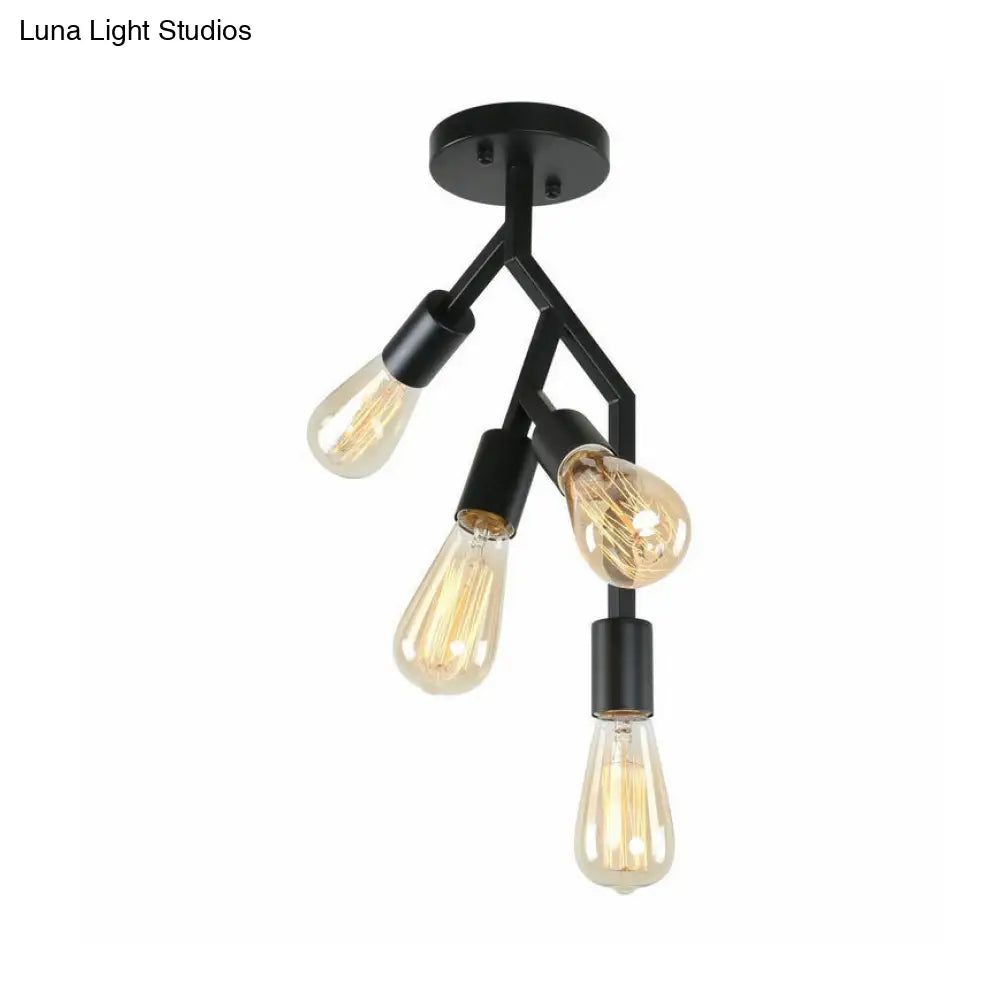 Industrial Style 4-Light Semi Flush Mount In Black For Dining Room