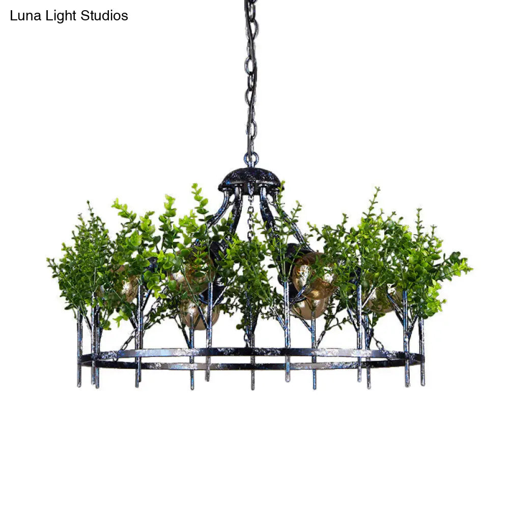 Industrial Iron Chandelier With 6 Nickel Heads - Circular Hanging Light Fixture Plant Decor