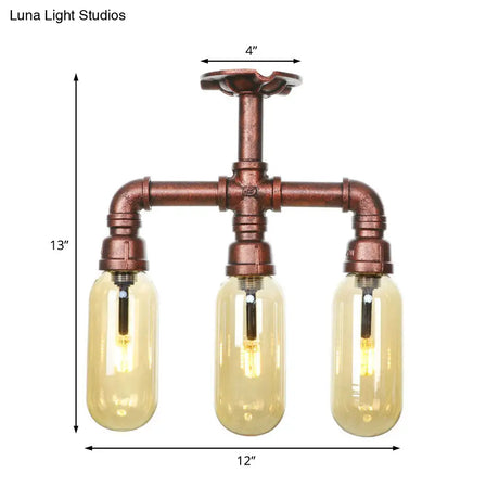 Industrial Style Amber Glass Semi Flush Mount Ceiling Light With Weathered Copper Finish - 3/4/5
