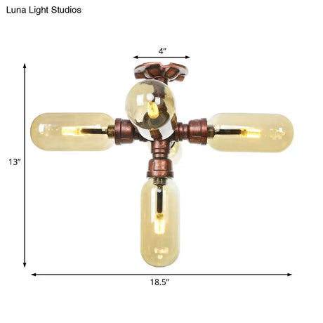Industrial Style Amber Glass Semi Flush Mount Ceiling Light With Weathered Copper Finish - 3/4/5