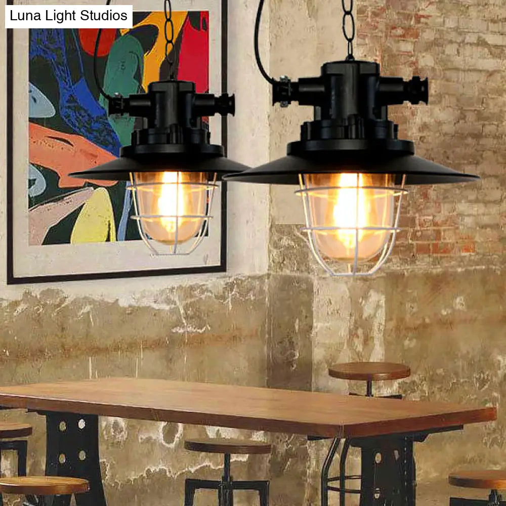 Industrial-Style Black Iron Pendant Lamp For Restaurants: 1-Light Bowl/Cage/Barn Design / F