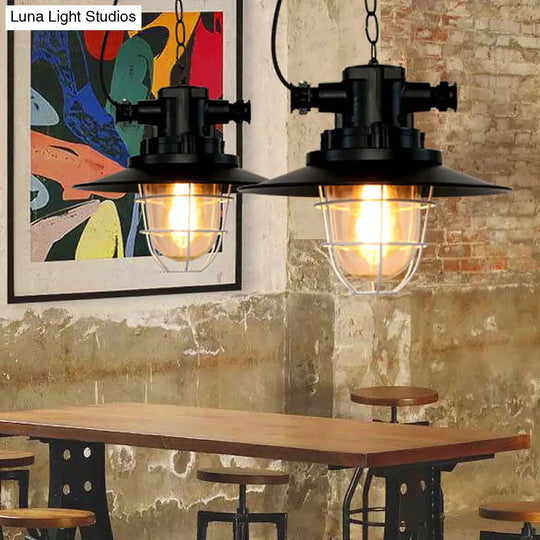 Industrial-Style Black Iron Pendant Lamp For Restaurants: 1-Light Bowl/Cage/Barn Design / F