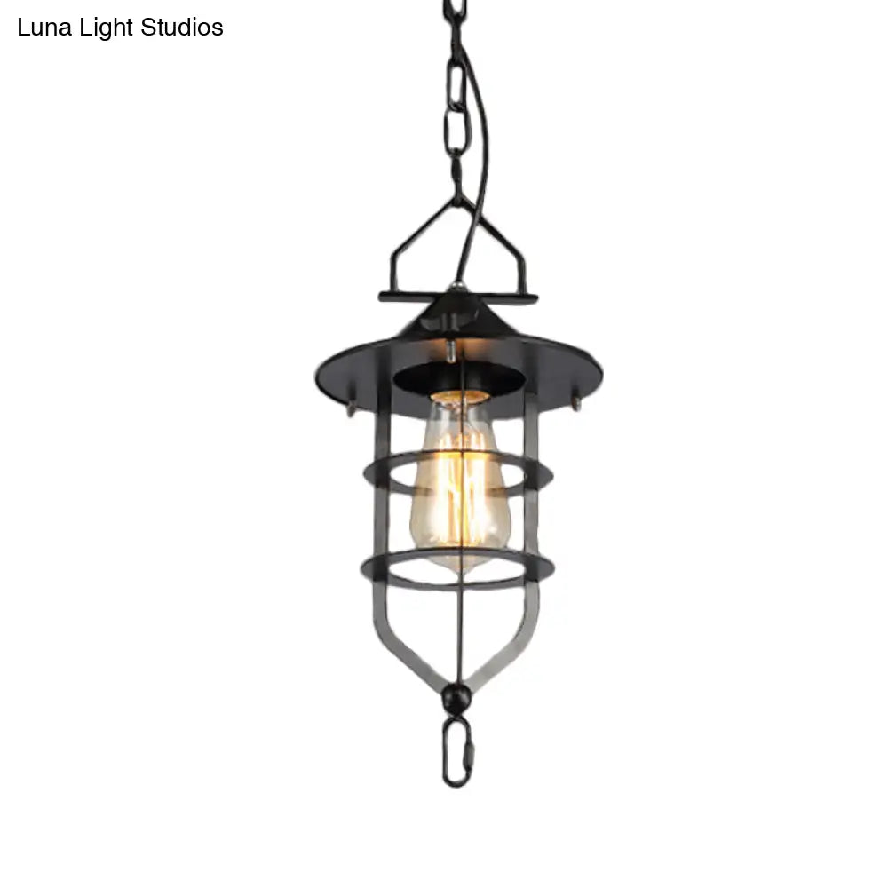 Industrial-Style Black Iron Pendant Lamp For Restaurants: 1-Light Bowl/Cage/Barn Design / H