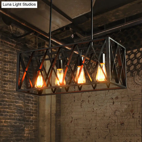 Industrial Style Black Ironwork Pendant Light For Bar - Rectangular Island Design