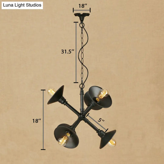 Industrial 6-Light Flared Chandelier For Bar With Black Metal Finish