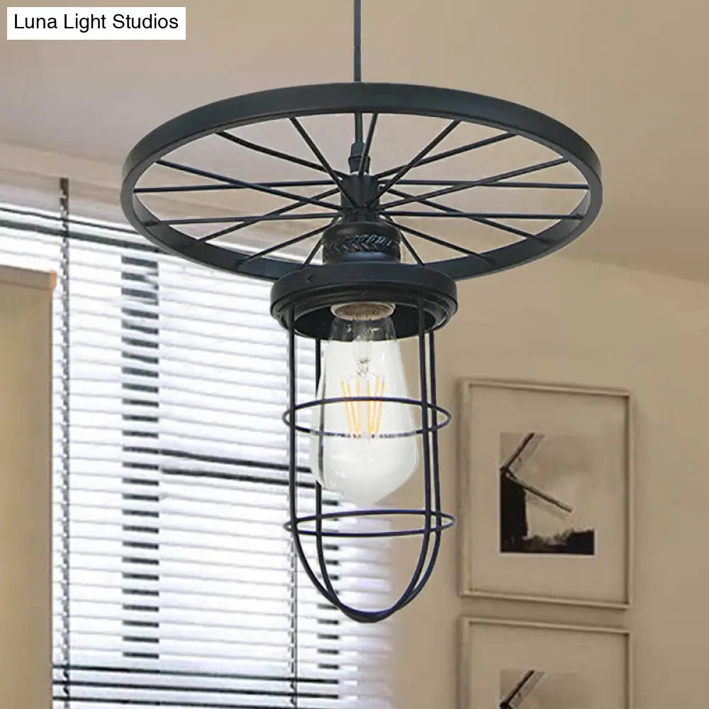 Industrial Style Metal Wire Cage Pendant Ceiling Light With Wheel Deco - 1 Head In Black For Dining