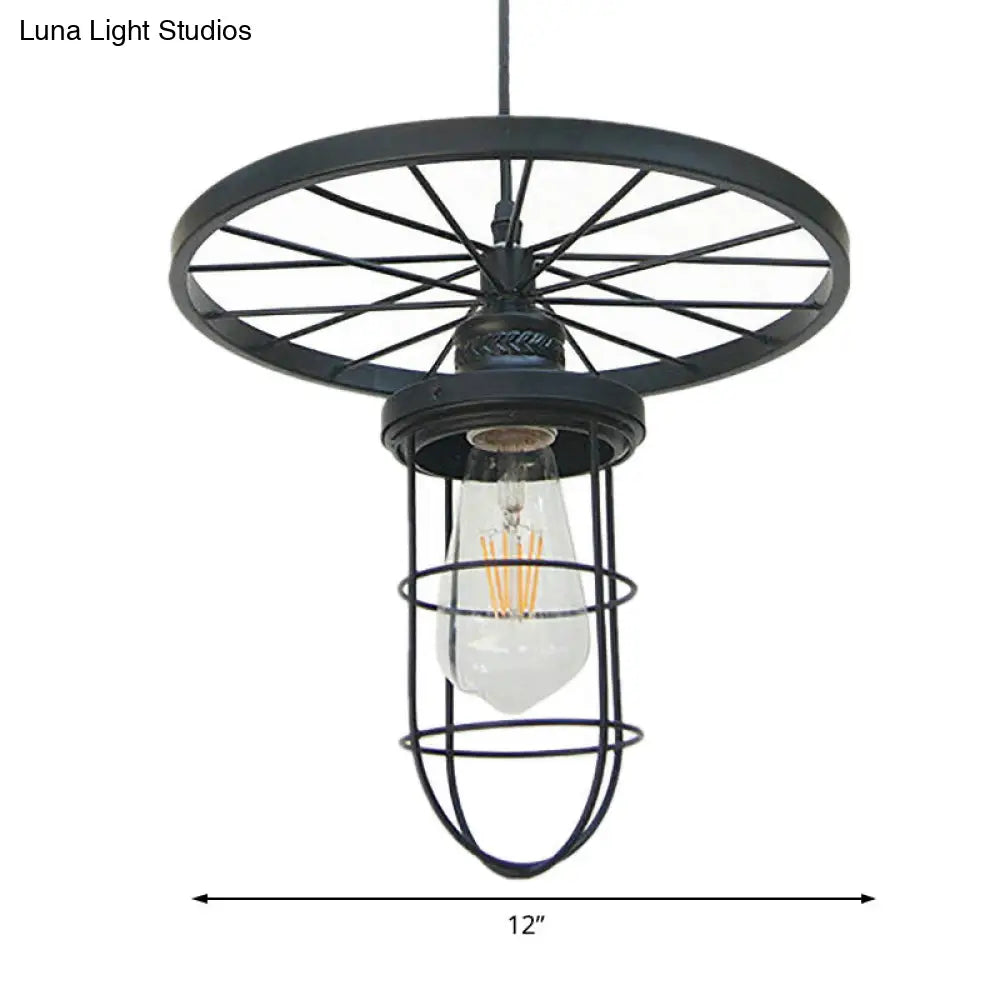 Industrial Style Metal Wire Cage Pendant Ceiling Light With Wheel Deco - 1 Head In Black For Dining