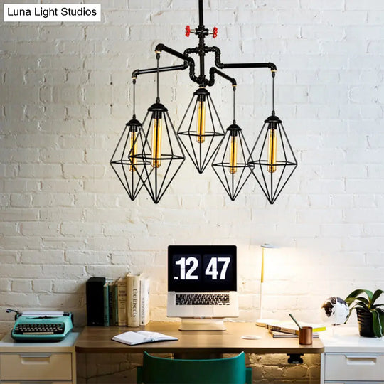 Industrial Style Ceiling Light Fixture With Diamond Cage Shade - 5 Lights Black Metallic