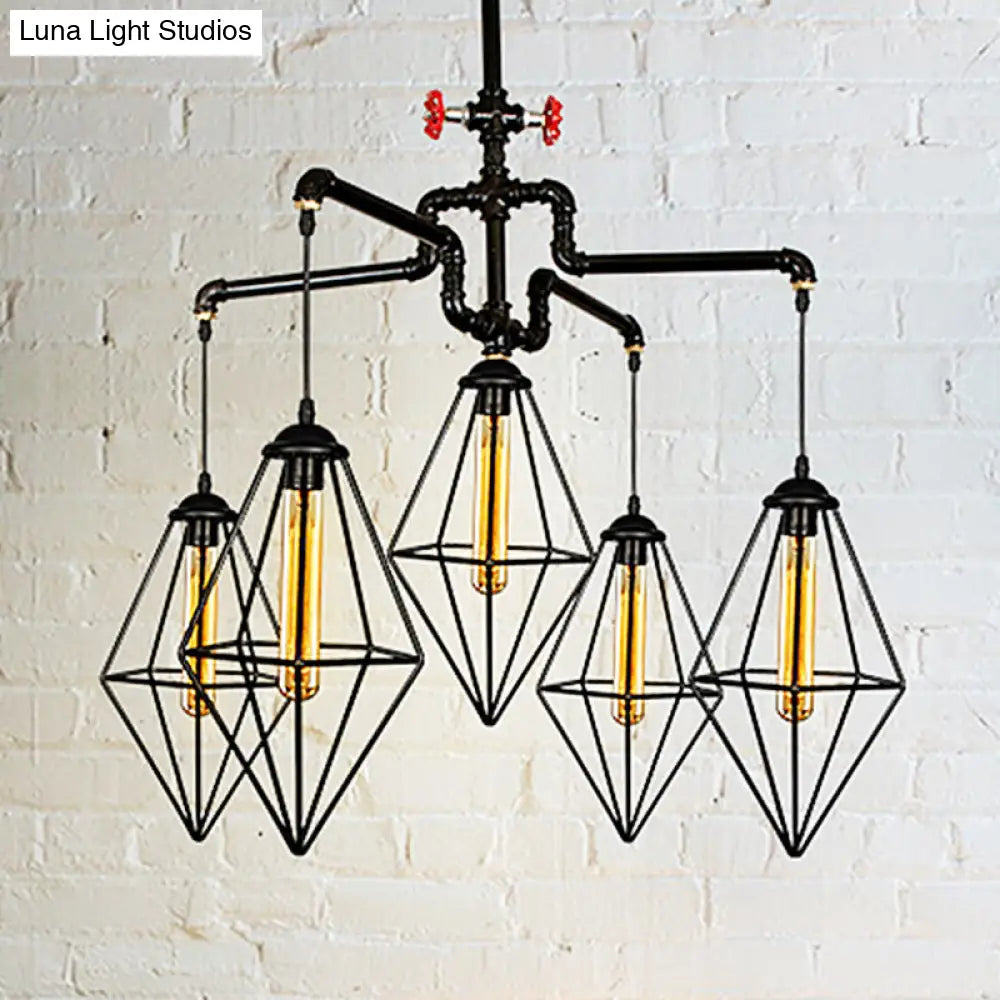 Industrial Style Ceiling Light Fixture With Diamond Cage Shade - 5 Lights Black Metallic