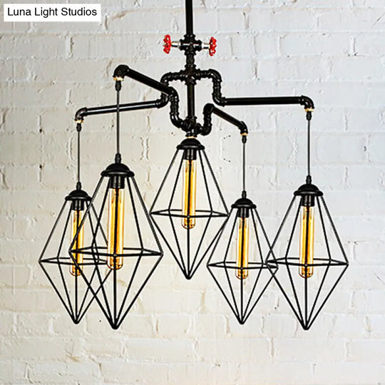 Industrial Style Ceiling Light Fixture With Diamond Cage Shade - 5 Lights Black Metallic