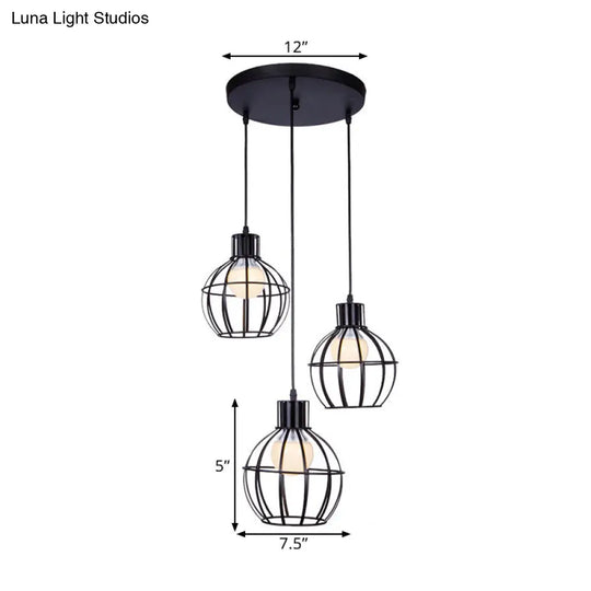 Industrial Style Black Pendant Light With Globe Shade - Set Of 3 Bulbs For Dining Room Lighting