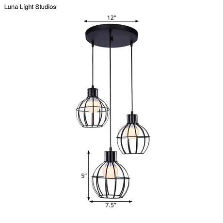 Industrial Style Black Pendant Light With 3 Bulbs Wire Globe Shade - Ideal For Dining Room