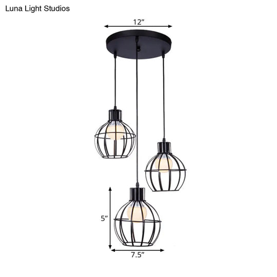 Industrial Style Black Pendant Light With 3 Bulbs Wire Globe Shade - Ideal For Dining Room