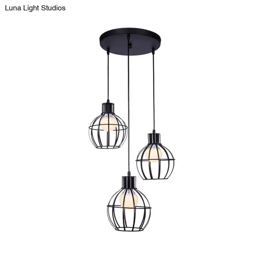 Industrial Style Black Pendant Light With 3 Bulbs Wire Globe Shade - Ideal For Dining Room