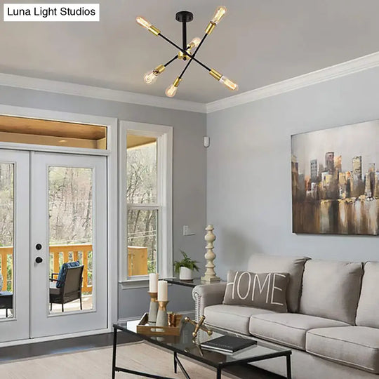Industrial Style 6-Head Iron Chandelier Pendant Light - Black Starburst Hanging Fixture With Open