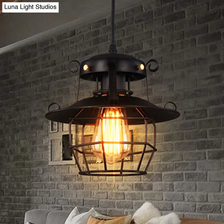 Industrial Style Black Wrought Iron Pendant Light With Adjustable Cord - 1-Light Hanging Ceiling