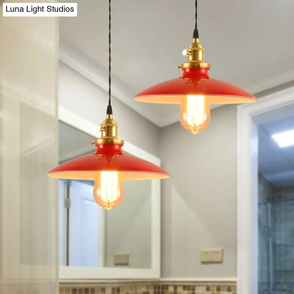 Modern Industrial Bowl Pendant Lamp - 10/12.5 Wide Black/White/Red 1 Light Metal Hanging Perfect For