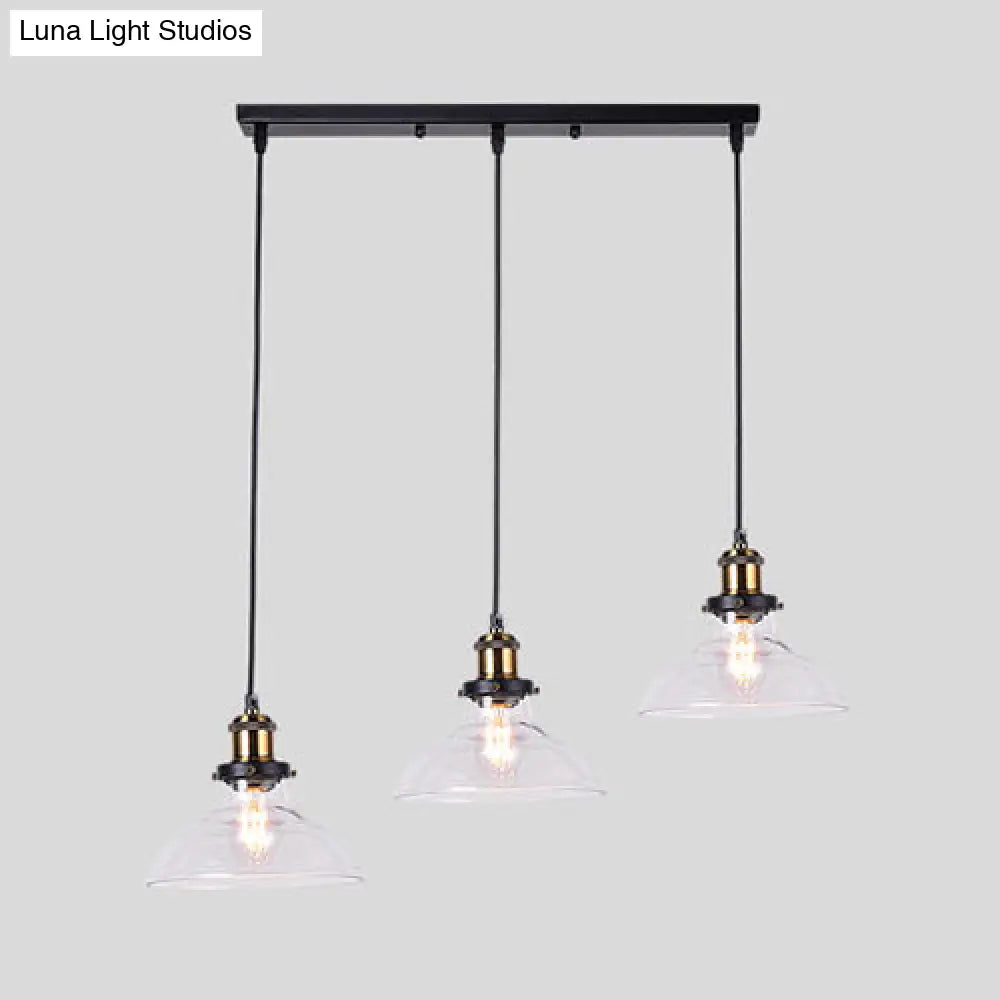 Industrial Style Brass Pendant Light Kit With Round/Barn/Admix Clear Glass Shades - 3-Light Hanging