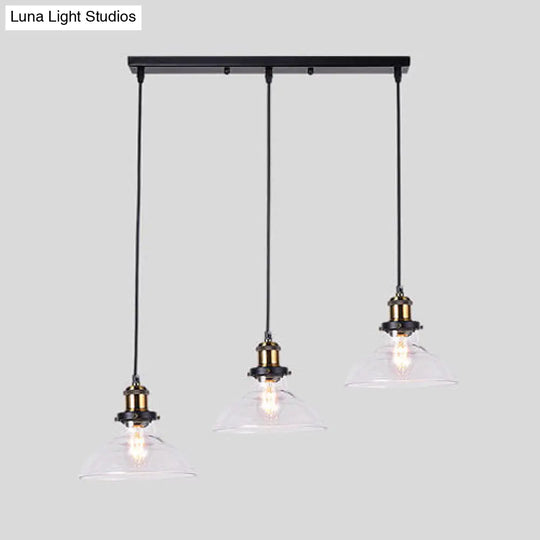 Industrial Style Brass Pendant Light Kit With Round/Barn/Admix Clear Glass Shades - 3-Light Hanging