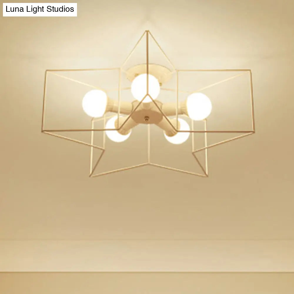 Industrial Style Ceiling Light: 5 - Bulb Flush Mount Fixture With Iron Frame Lampshade - Dining