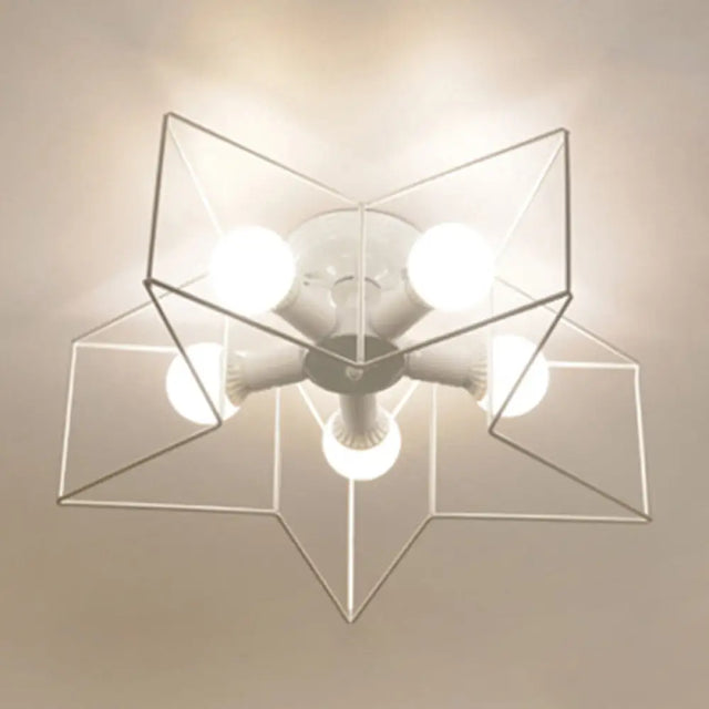 Industrial Style Ceiling Light: 5 - Bulb Flush Mount Fixture With Iron Frame Lampshade - Dining