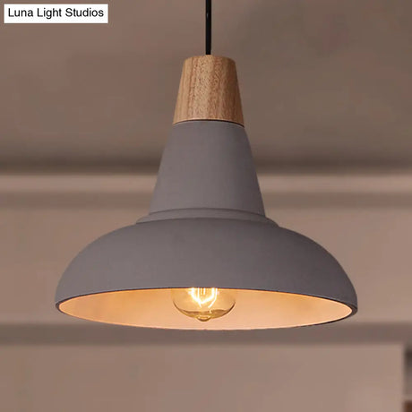 Industrial Style Cement And Wood Pendant Light With Grey/White Bowl Shade
