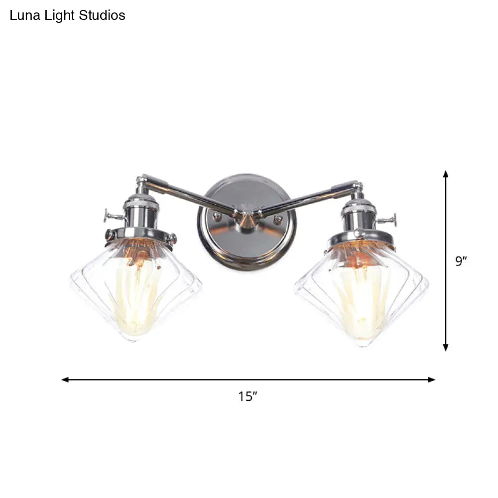 Industrial Style Chrome Wall Sconce With Clear Glass Globe/Cone Wavy Arm - 2 Light Kit For Corridor