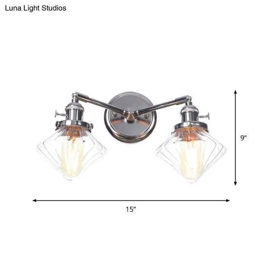 Industrial Style Chrome Wall Sconce With Clear Glass Globe/Cone Wavy Arm - 2 Light Kit For Corridor