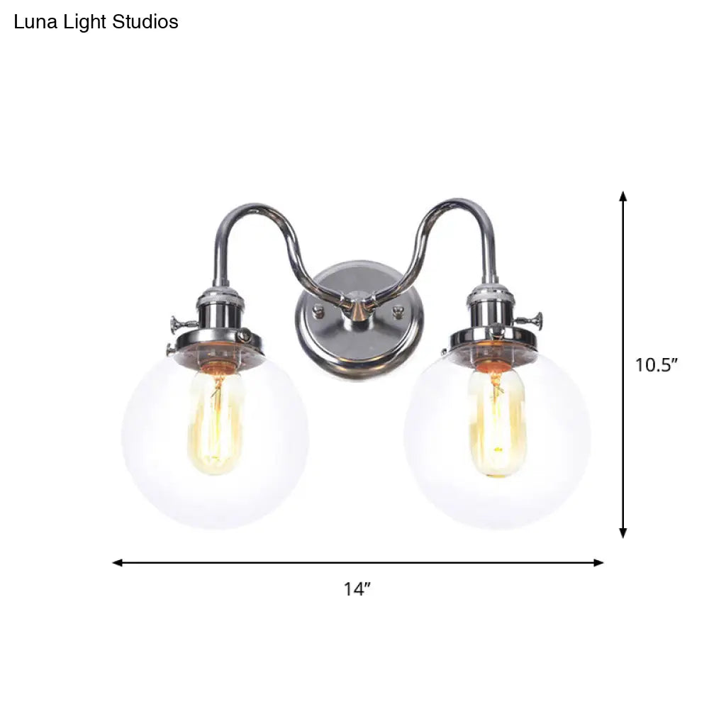 Industrial Style Chrome Wall Sconce With Clear Glass Globe/Cone Wavy Arm - 2 Light Kit For Corridor